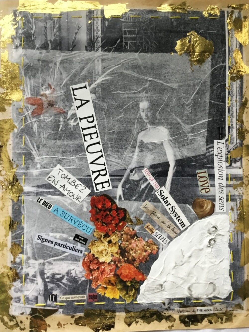 Collage on reproduction mounted on silk and butcher's papers 13 1/2 X 10 1/2inch